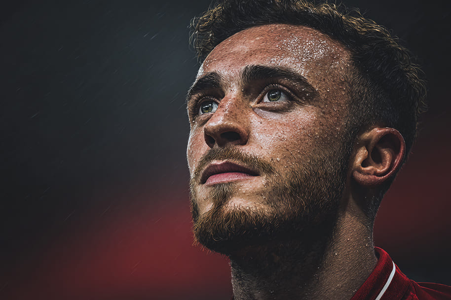 Diogo Jota gazing upward under stadium lights, sweat glistening on his face after a hard-fought game.