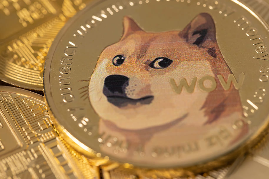 Close-up of a Dogecoin featuring the famous Shiba Inu meme with the word “WOW”