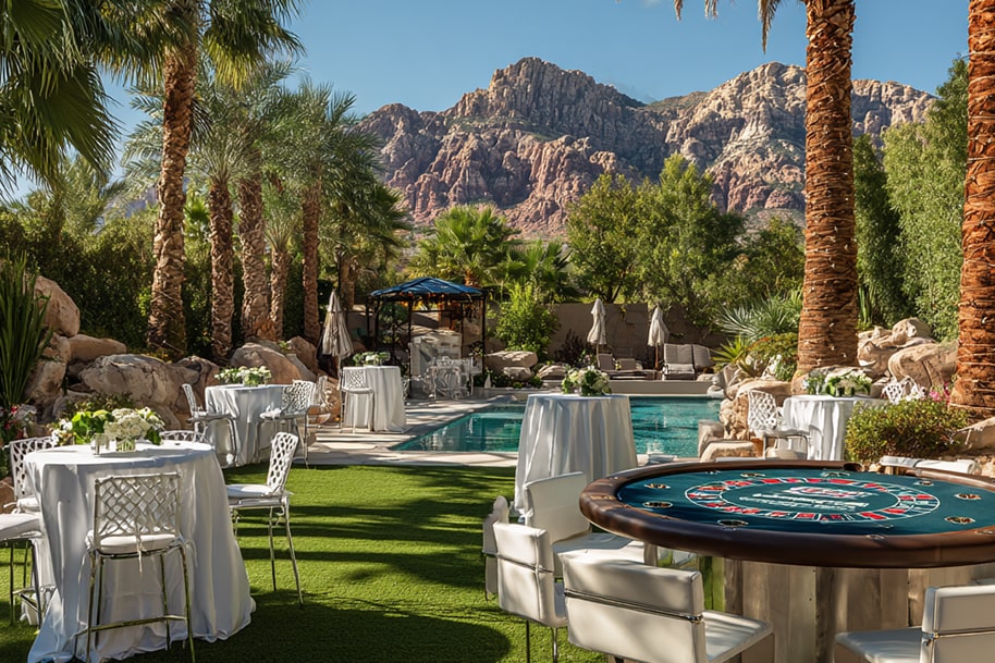 Outdoor casino setup with roulette table and cocktail tables by the pool, set against a stunning desert mountain view.
