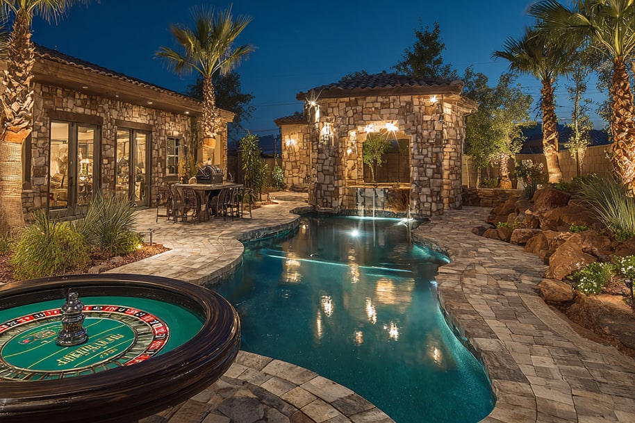 Luxurious private villa with roulette table by the pool under evening lights, perfect for a home casino party experience.