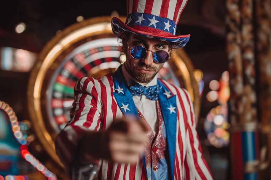 Uncle Sam-style character in a patriotic outfit promoting 4th of July free spins deals at a casino.
