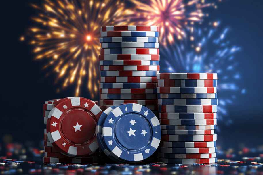 4th of July free spins deals with patriotic red, white, and blue poker chips and fireworks in the background.