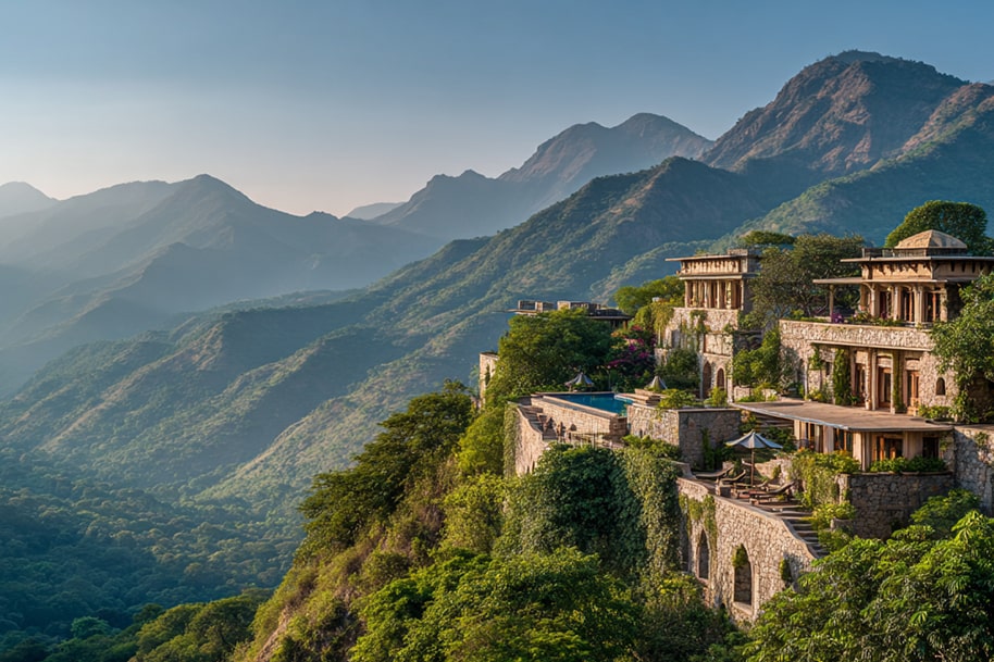 A stunning mountain resort nestled in the Indian Himalayas, surrounded by lush greenery and misty peaks, ideal for wellness and spa travel experiences in 2025.