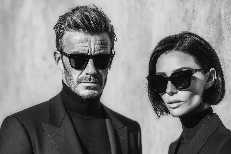 Stylish celebrity couple in sunglasses and black outfits – representing Taurus and Capricorn zodiac power couple on Eternal Slots Casino astrology blog.