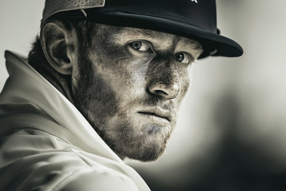 Moody close-up portrait of Ben Stokes in a cap, showing grit and determination before a match.