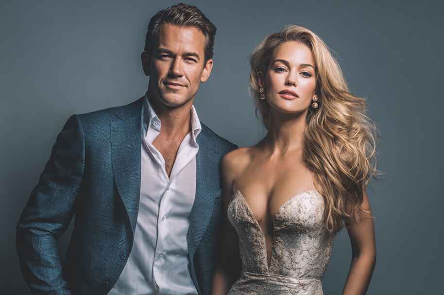 Attractive celebrity couple posing together – symbolizing compatible zodiac love matches featured on Eternal Slots Casino astrology blog.