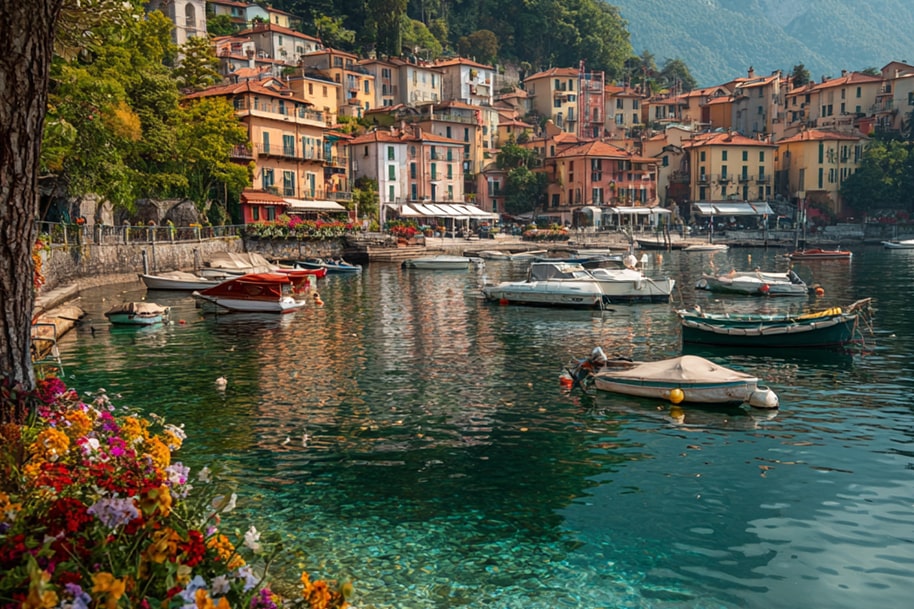Colorful waterfront town in Lake Como, Italy – ideal relaxing vacation destination with boats, flowers, and stunning scenery.