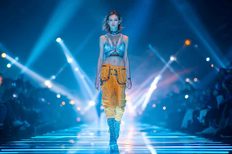 Runway model in edgy yellow cargo pants and tech-style crop top, illuminated by bright runway lights.