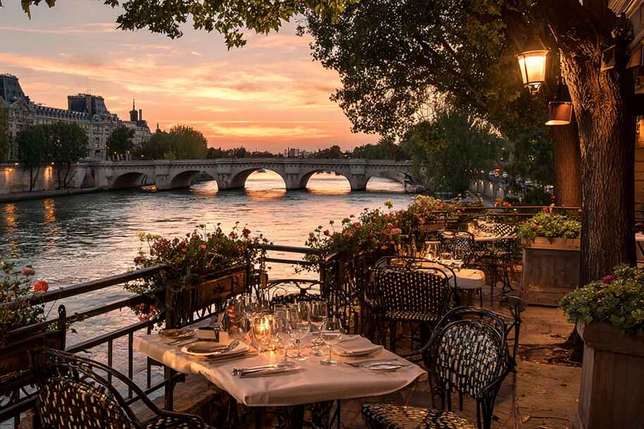 Romantic riverside dining spot in Paris with sunset view over the Seine – iconic European food travel destination