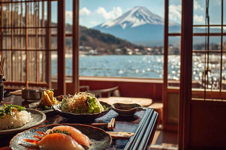 Traditional Japanese sushi meal with stunning view of Mount Fuji – top food destinations in Japan