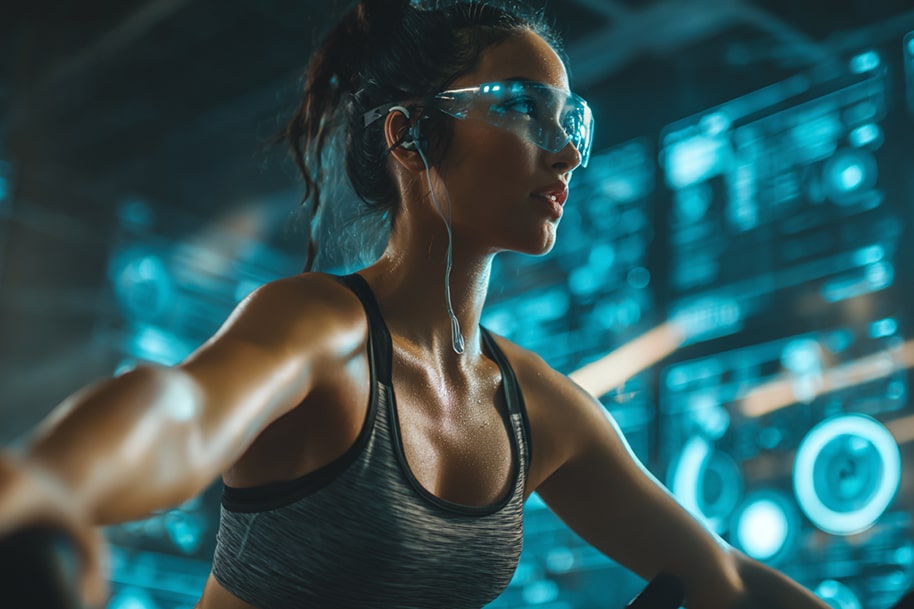 Fit woman working out with smart fitness glasses in high-tech gym environment.