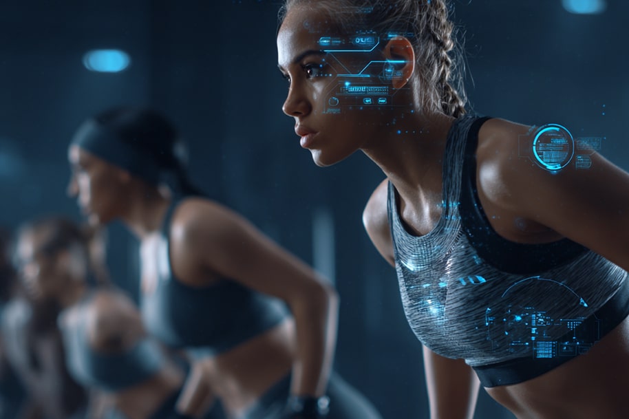 Group of women in smart sportswear with digital interface graphics showing fitness data.