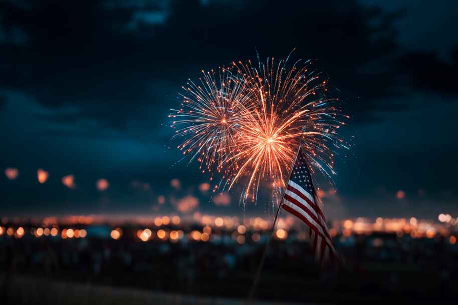 Fireworks lighting up the night sky with American flag in foreground during Independence Day 2025 – featured on EternalSlots.com 4th of July blog post