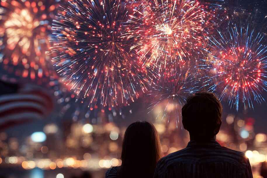 Couple watching fireworks over the city skyline during Independence Day 2025 – iconic 4th of July celebration featured on EternalSlots.com blog