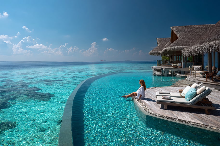 A woman relaxing at an infinity pool beside a Maldivian overwater villa, enjoying crystal-clear waters and luxury beach resort living in 2025.