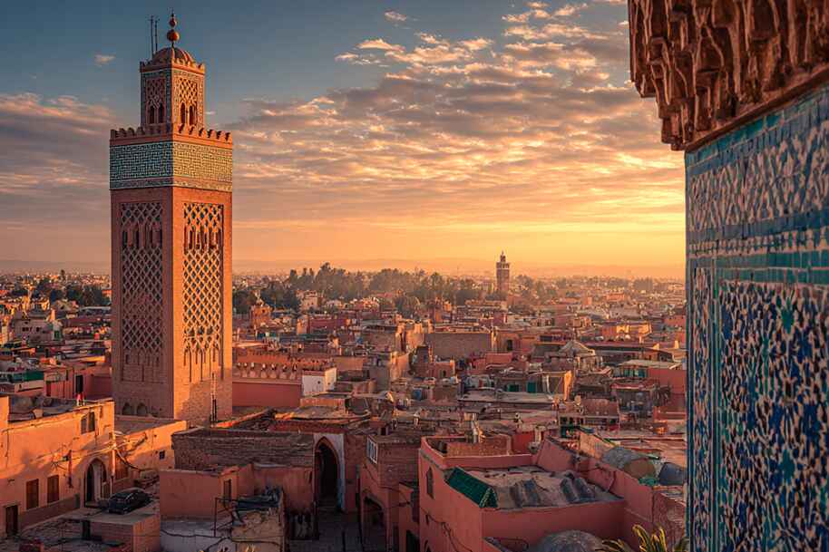 Golden hour view of the Koutoubia Mosque tower and rooftops of Marrakech, Morocco, top destination for history, culture, and adventure in 2025