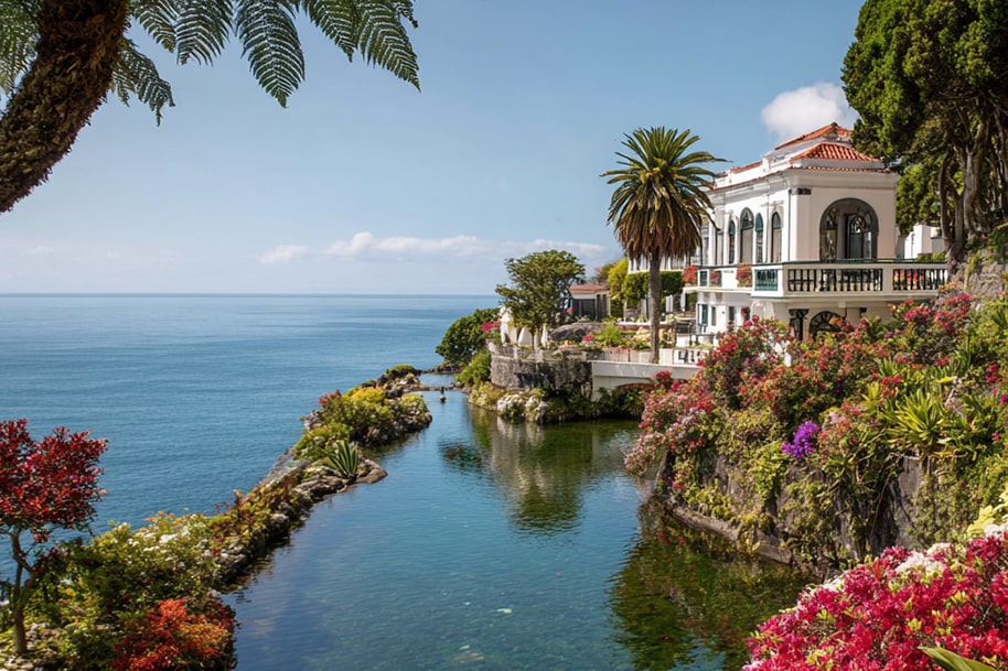 Seaside mansion surrounded by lush flowers in Madeira a pampering vacation destination with sea views and serenity.