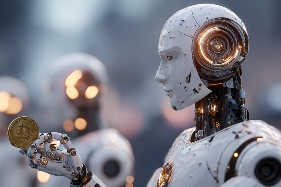 AI crypto bots analyzing Bitcoin – futuristic robot holding a Bitcoin coin in 2025.