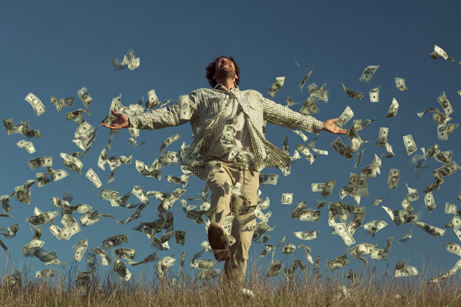 AI crypto bots helping Americans get rich in 2025 – man celebrating with flying cash in a field.
