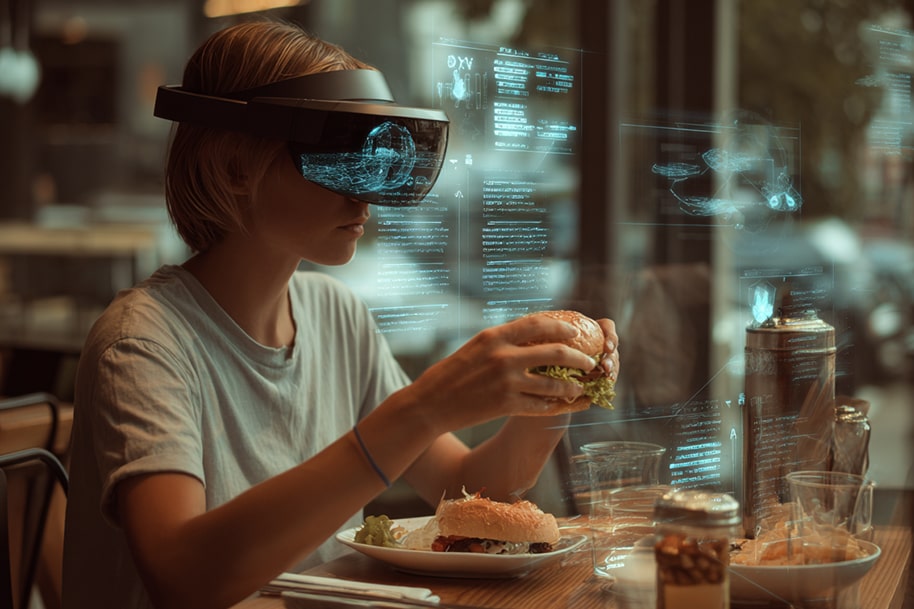 Woman wearing augmented reality headset analyzing nutritional data while eating a burger in a futuristic smart restaurant – future of food industry and dining technology in 2025.