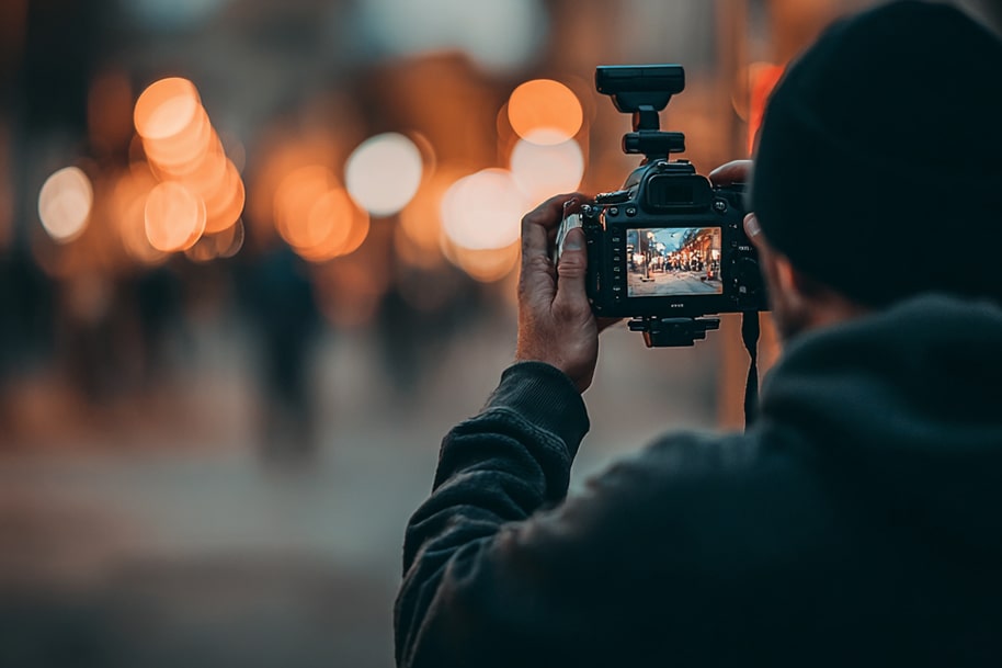 Photographer capturing a city street scene at night with glowing bokeh lights, symbolizing creative focus and content creation.