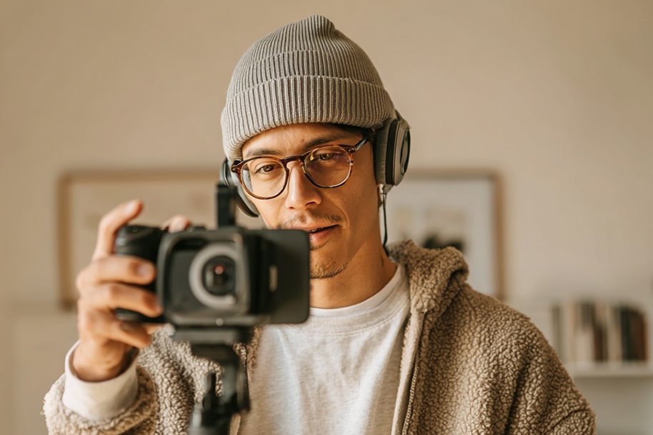Male content creator filming himself with a camera on tripod, wearing headphones and beanie in a cozy indoor setting.