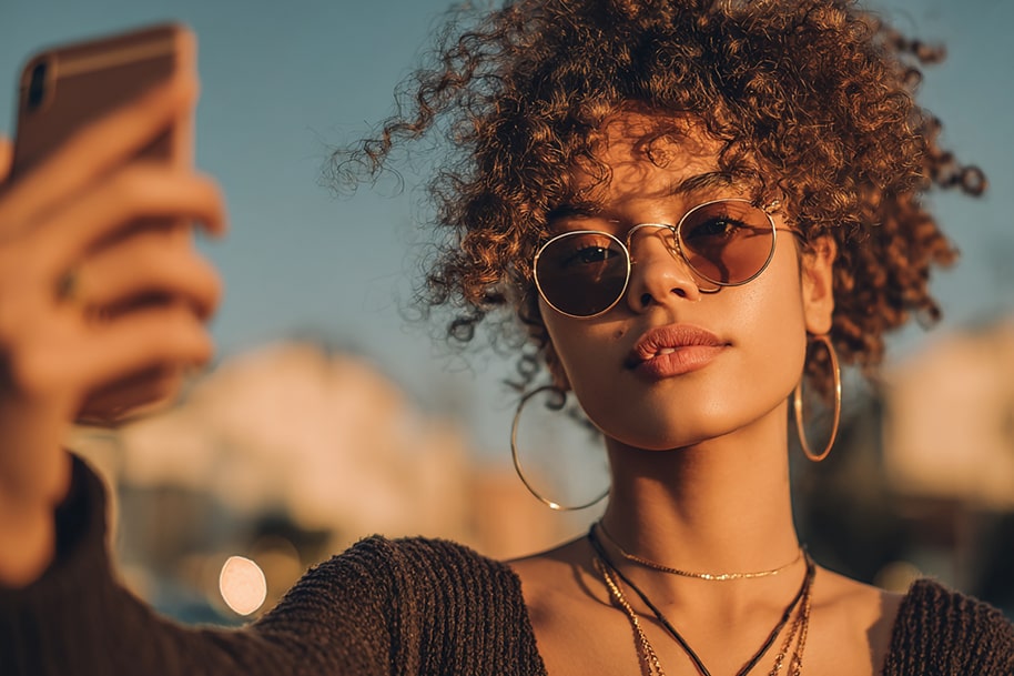 Confident young woman taking a selfie in golden hour light, wearing sunglasses and hoop earrings, radiating influencer energy.