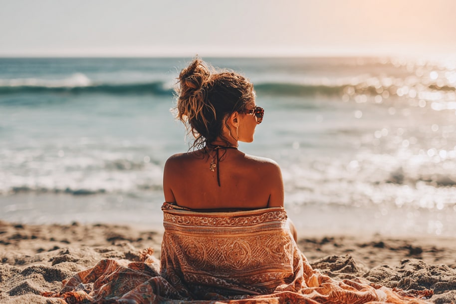 Back view of a woman watching the ocean in the late afternoon sun, wrapped in a patterned summer shawl.