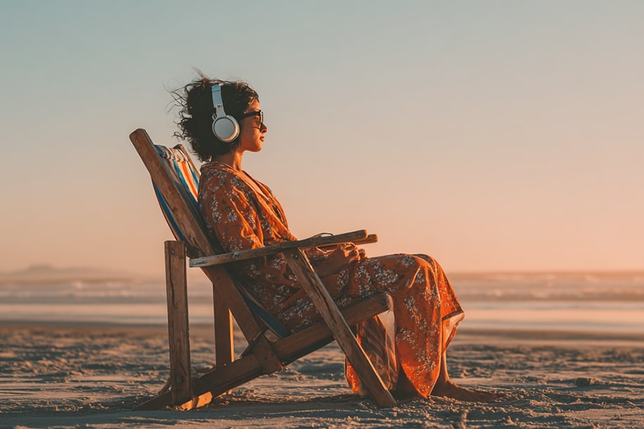 Woman relaxing in a wooden beach chair with headphones at sunset, enjoying peaceful summer vibes.