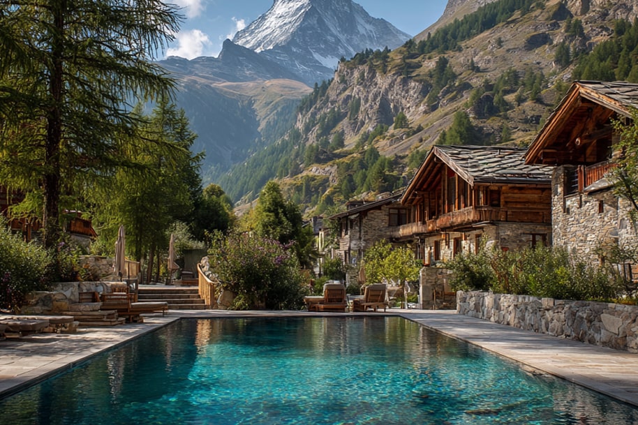 Luxury mountain chalet resort with pool in the Swiss Alps – top quiet luxury travel spot for introverts.