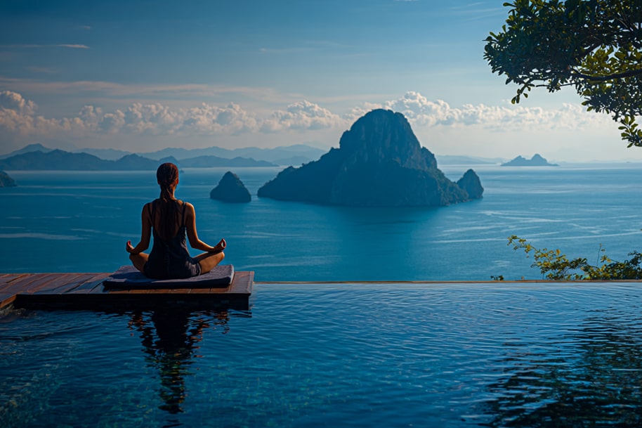 A woman meditating by an infinity pool overlooking the tropical islands of Thailand at sunrise, promoting luxury wellness travel in 2025.