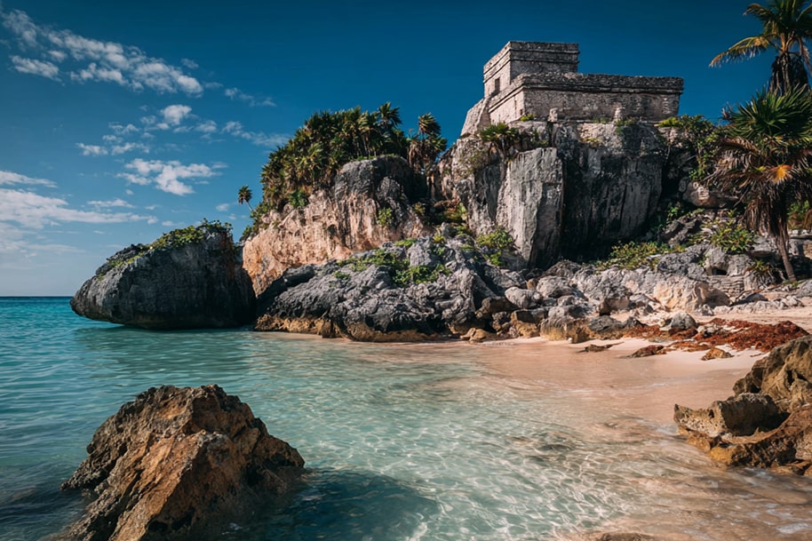 Tulum beach with ancient Mayan ruins peaceful travel destination blending culture, history, and tropical beauty