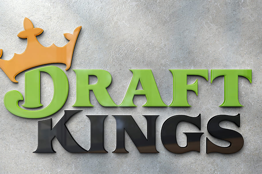 DraftKings logo with a gold crown and green lettering on a stone background.