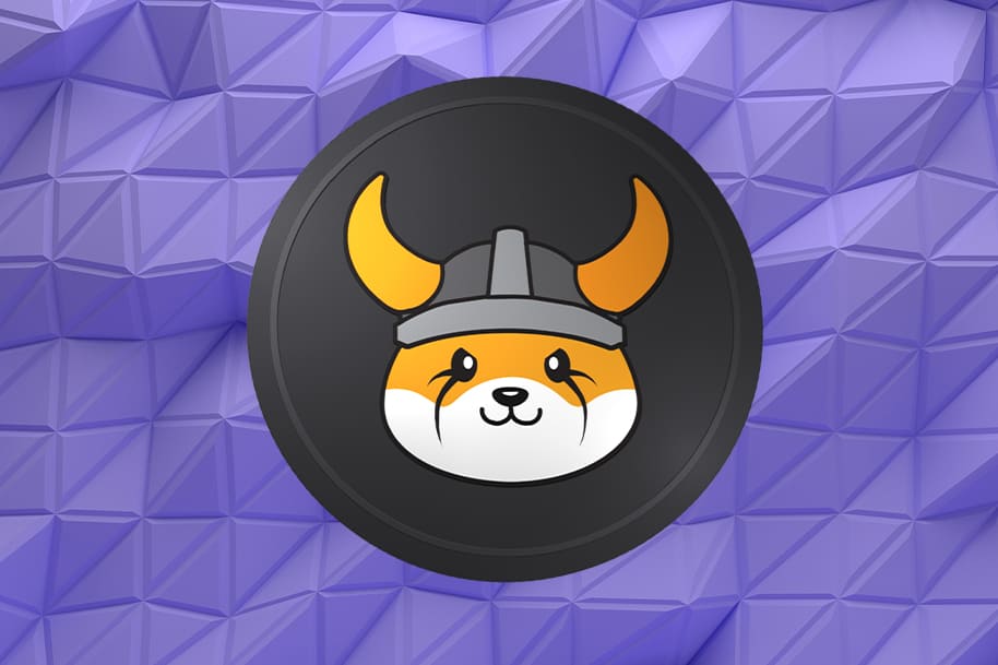 Floki Inu coin featuring a Viking helmet on a polygonal purple backdrop