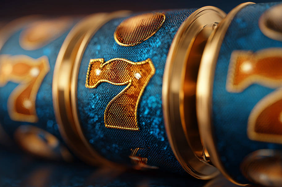 Slot machine reel landing on lucky number 7 in blue and gold design, perfect for a free spins strategy.