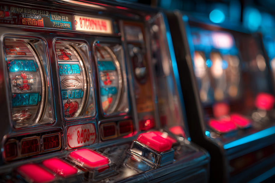 Classic slot machine with spinning reels and red buttons in a casino setting, illustrating free spins strategy and real money wins.