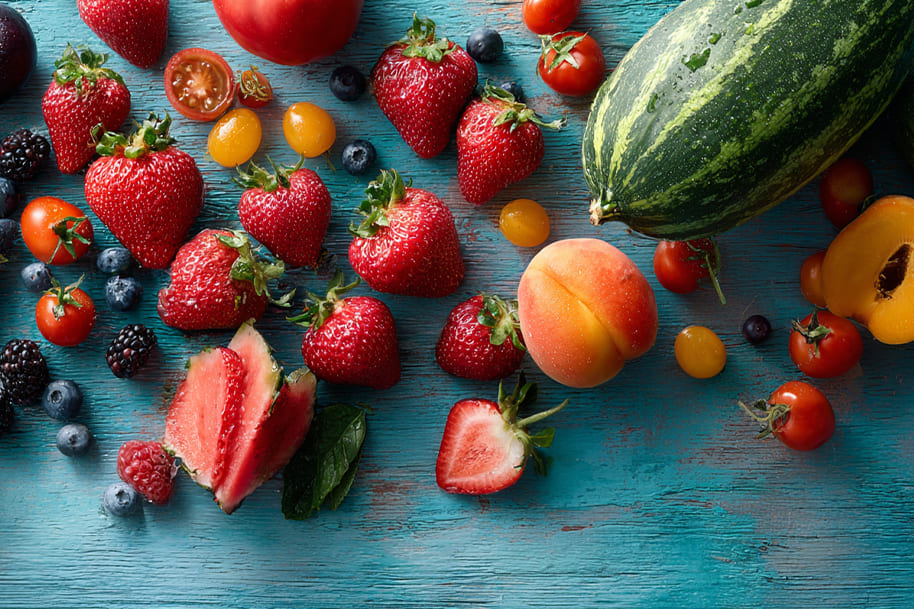 Vibrant assortment of summer fruits and vegetables including strawberries, watermelon, tomatoes, and melon on EternalSlots Casino blog about seasonal recipes