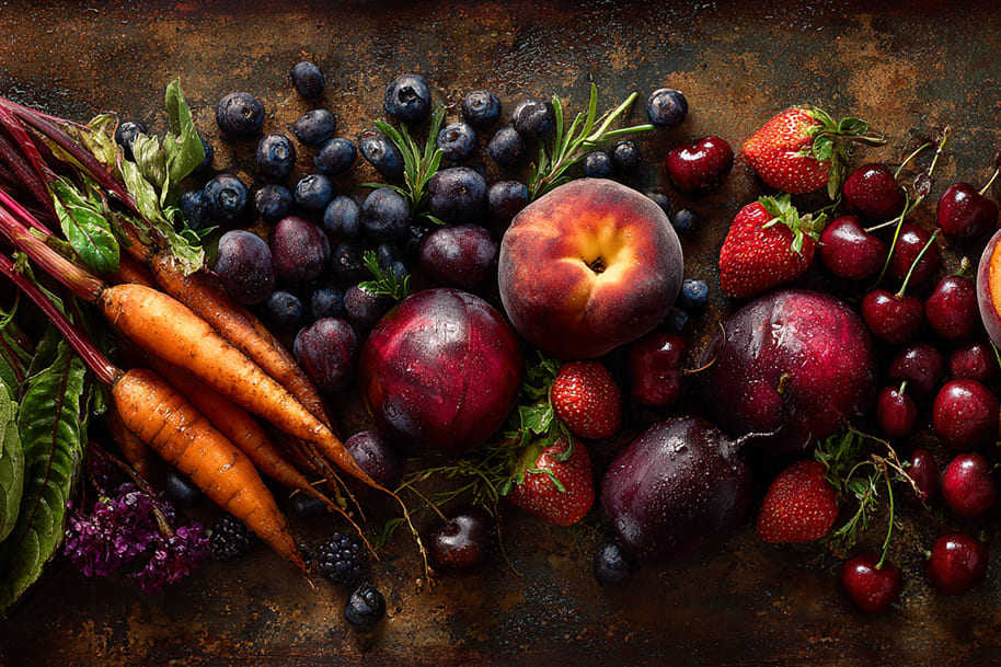 Colorful display of seasonal summer fruits and vegetables including carrots, peaches, berries, and cherries featured on EternalSlots Casino blog