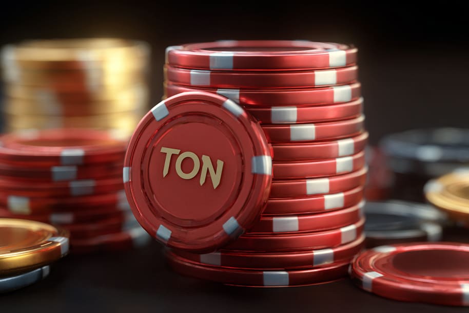 Red casino chips labeled TON, representing TON Coin bonus offer at online crypto casino.