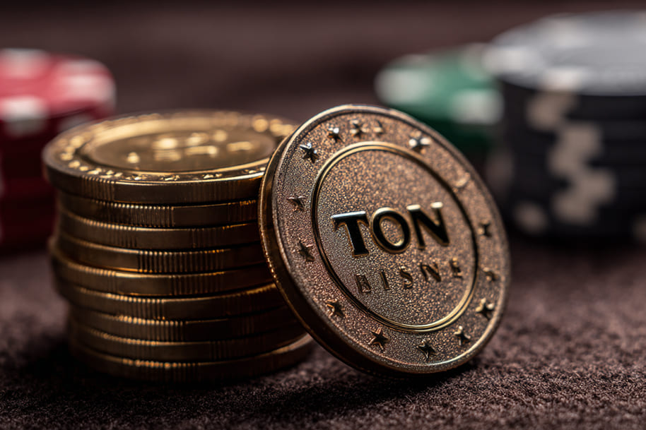 Golden TON Coin chip leaning on a stack of chips, symbolizing exclusive crypto bonuses in online casino.