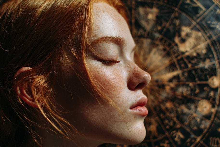 Red-haired woman with closed eyes in front of zodiac chart, symbolizing emotional dependence on horoscopes and the psychology of zodiac belief.
