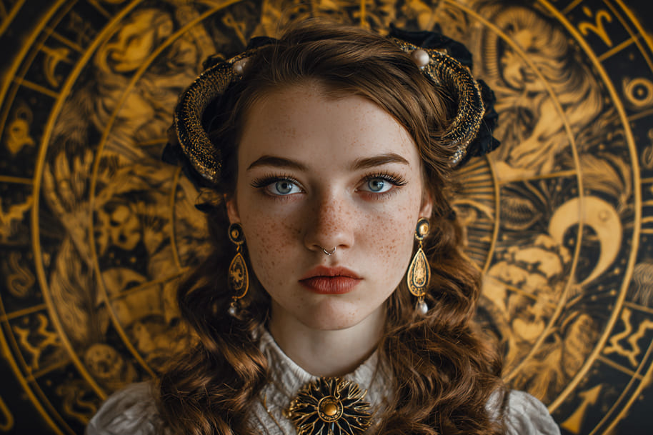 Mystical woman with zodiac symbols in background representing horoscope addiction, emotional dependence on astrology, and zodiac identity trends.