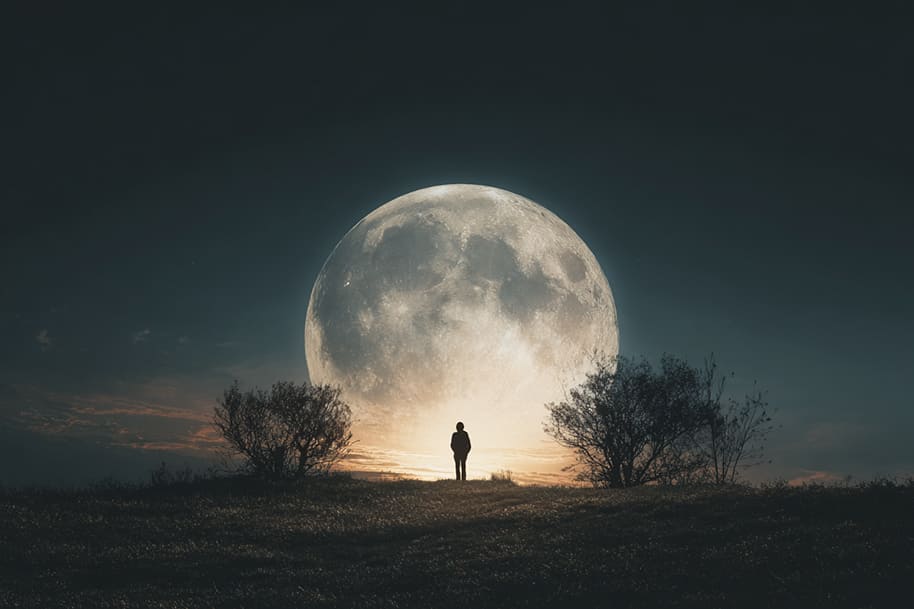 Figure under full moon representing introspection and how your moon sign influences decision-making in daily life.