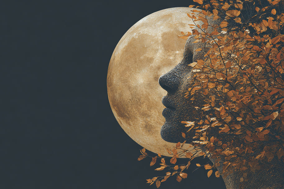 Artistic face silhouette and full moon symbolizing the emotional influence of your moon sign on life choices.