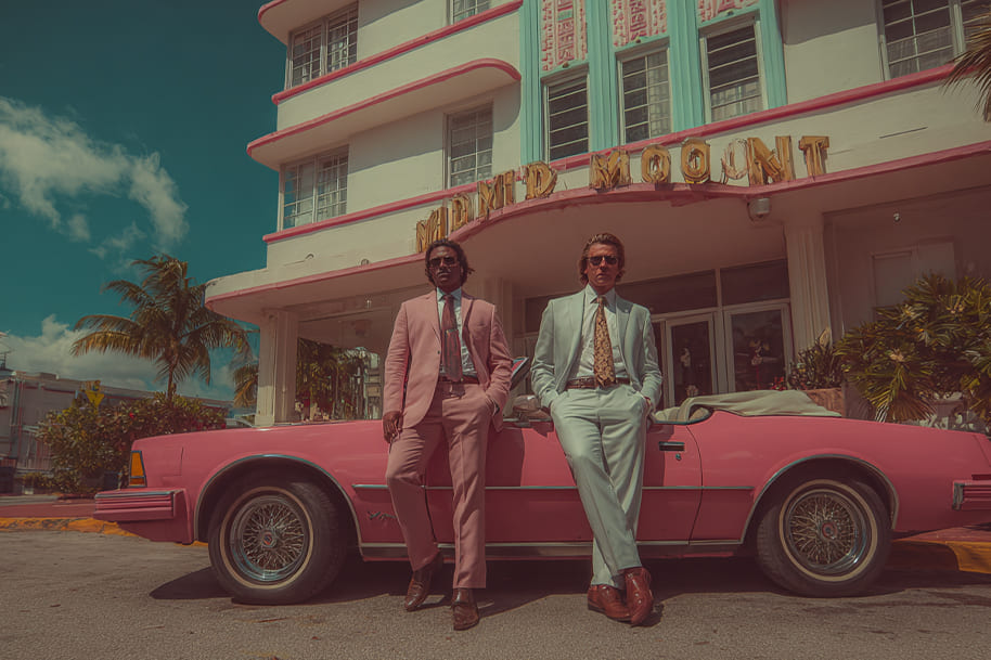 Miami Vice characters in pastel suits and vintage car, iconic 1980s TV show setting