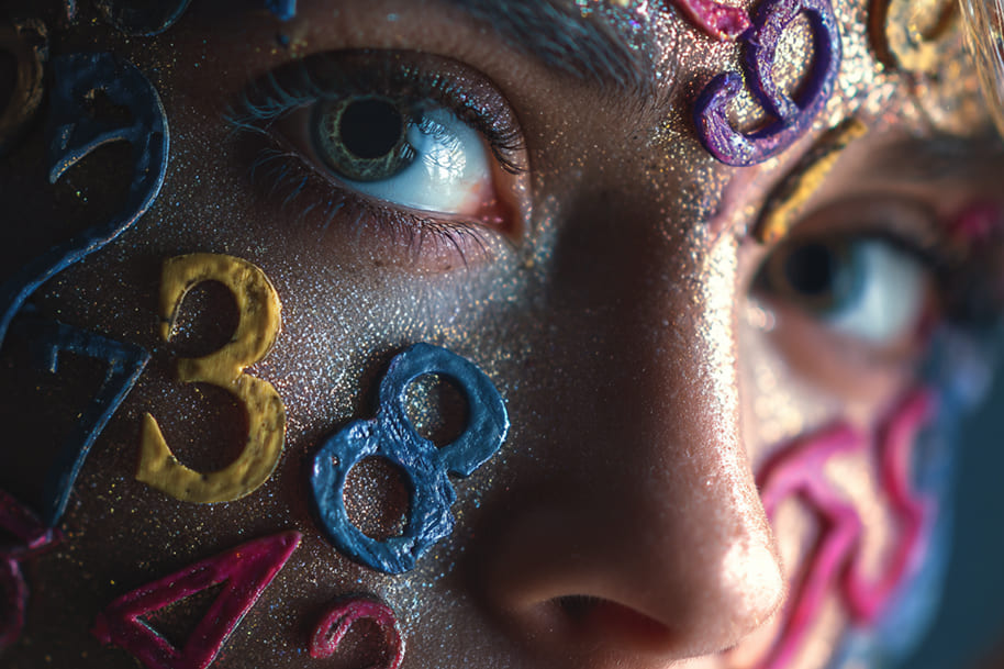 Close-up of a woman's face with colorful numbers painted on her skin, representing the connection between numerology and identity