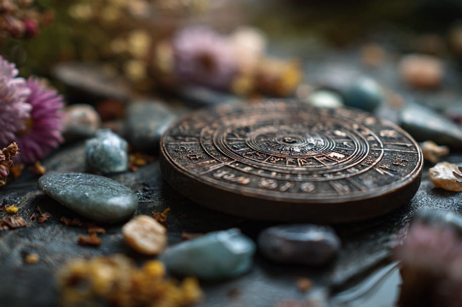 Ancient zodiac wheel surrounded by healing crystals and flowers – numerology in July and spiritual energy tools.