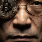 Mysterious portrait symbolizing Satoshi Nakamoto, the Bitcoin creator, with a gold BTC coin over one eye.