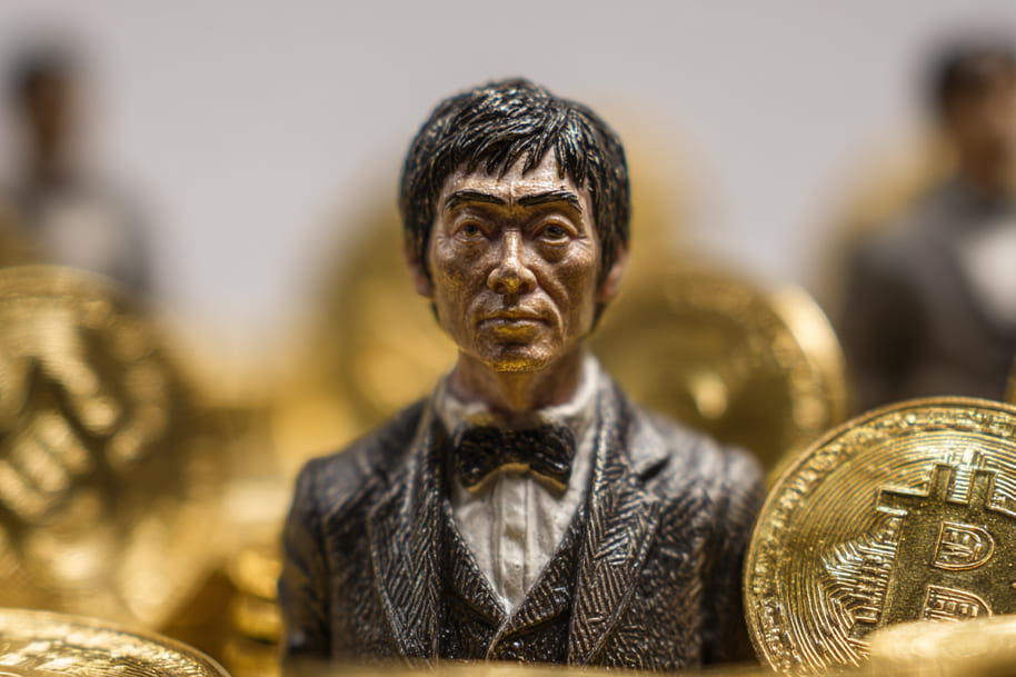 Miniature figure symbolizing Satoshi Nakamoto surrounded by golden Bitcoin coins, representing the anonymous Bitcoin creator’s massive fortune.