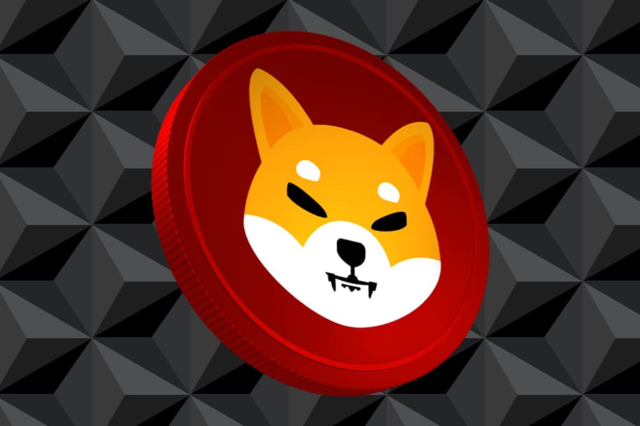 3D Shiba Inu dog logo representing Shiba Inu coin on a geometric black background
